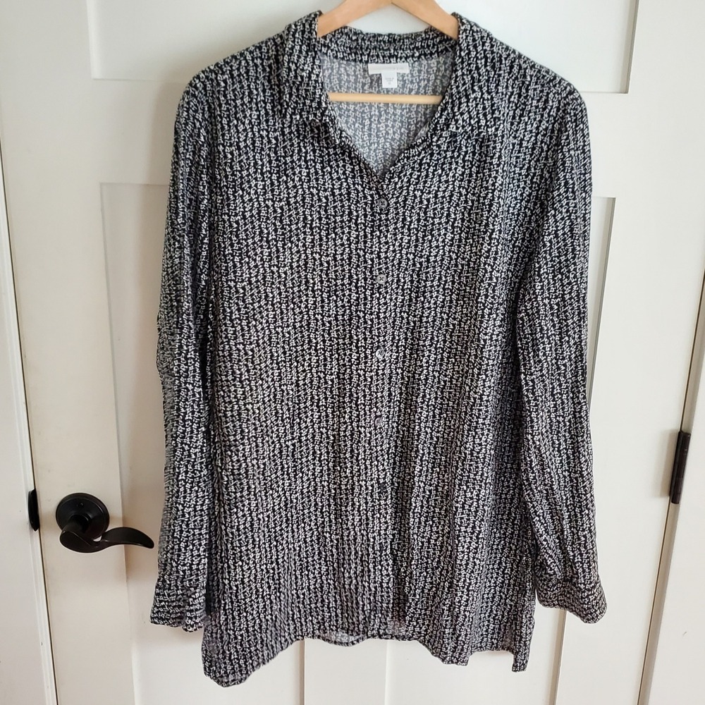 J. Jill Black White Abstract Print Rayon Button-Up Shirt Blouse XL Office Career